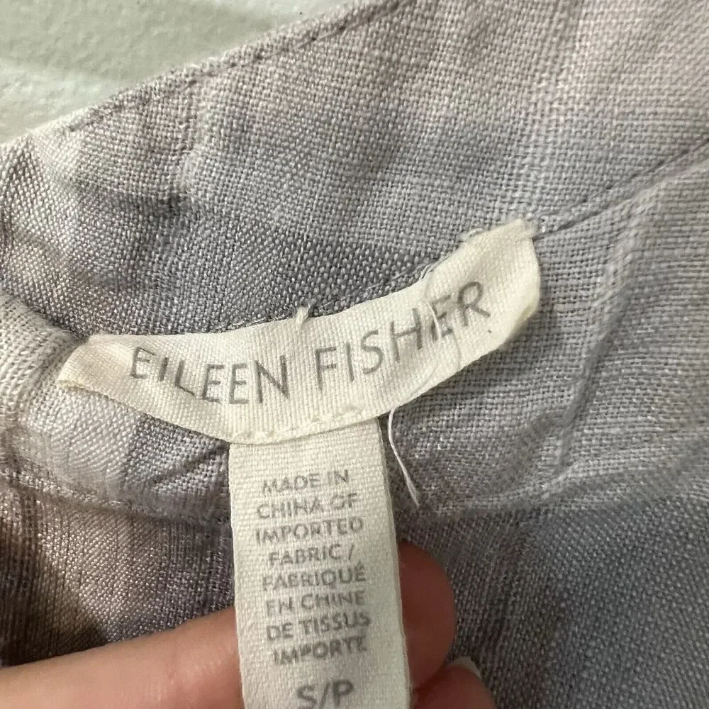 Eileen Fisher Size Small Airy Organic Linen Cotton Gray Plaid Shift Dress Pocket